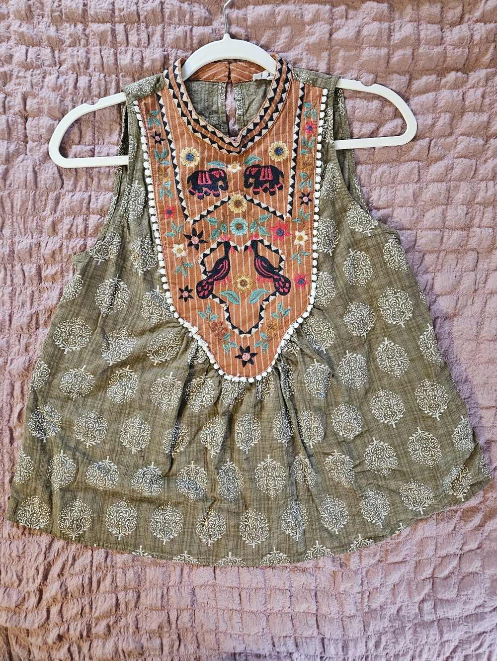 THML Olive Green Sleeveless Top With Briwn Embroidered Bib